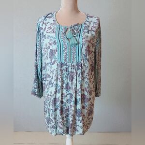 J Jill Light Blue Floral Tunic Blouse Womans XL Tassel Peasant Puff Sleeves